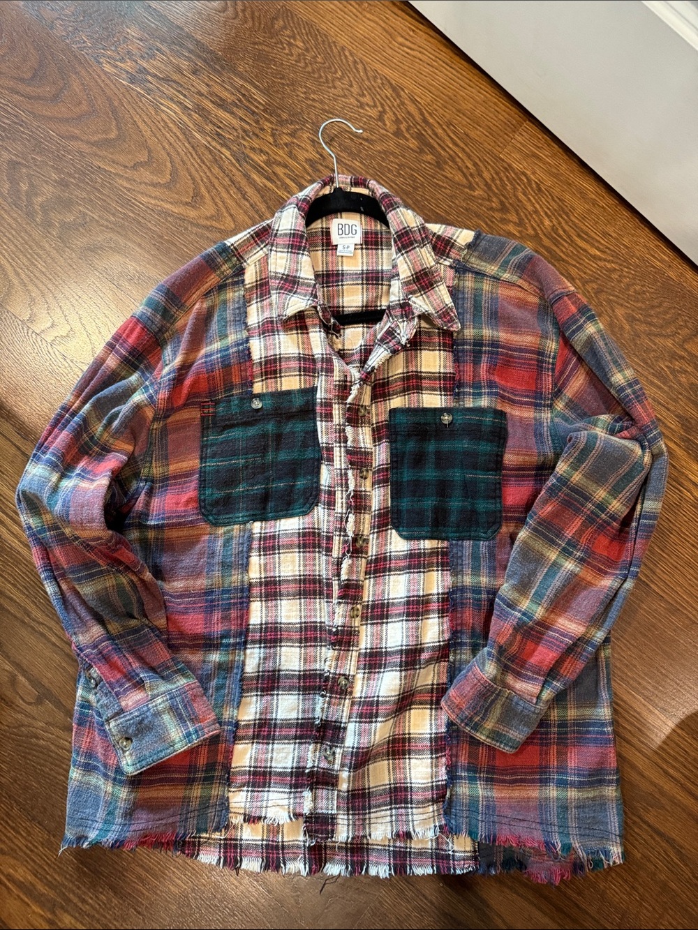 BDG Multicolor Plaid Layered Button-Up Shirt with Contrasting Pockets